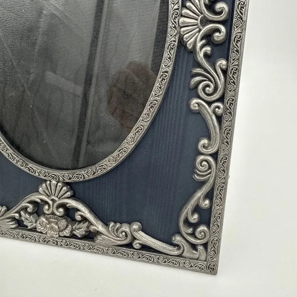 Vintage 5x7 Ornate Floral Silver Metal & Wood Fabric Navy Blue Frame